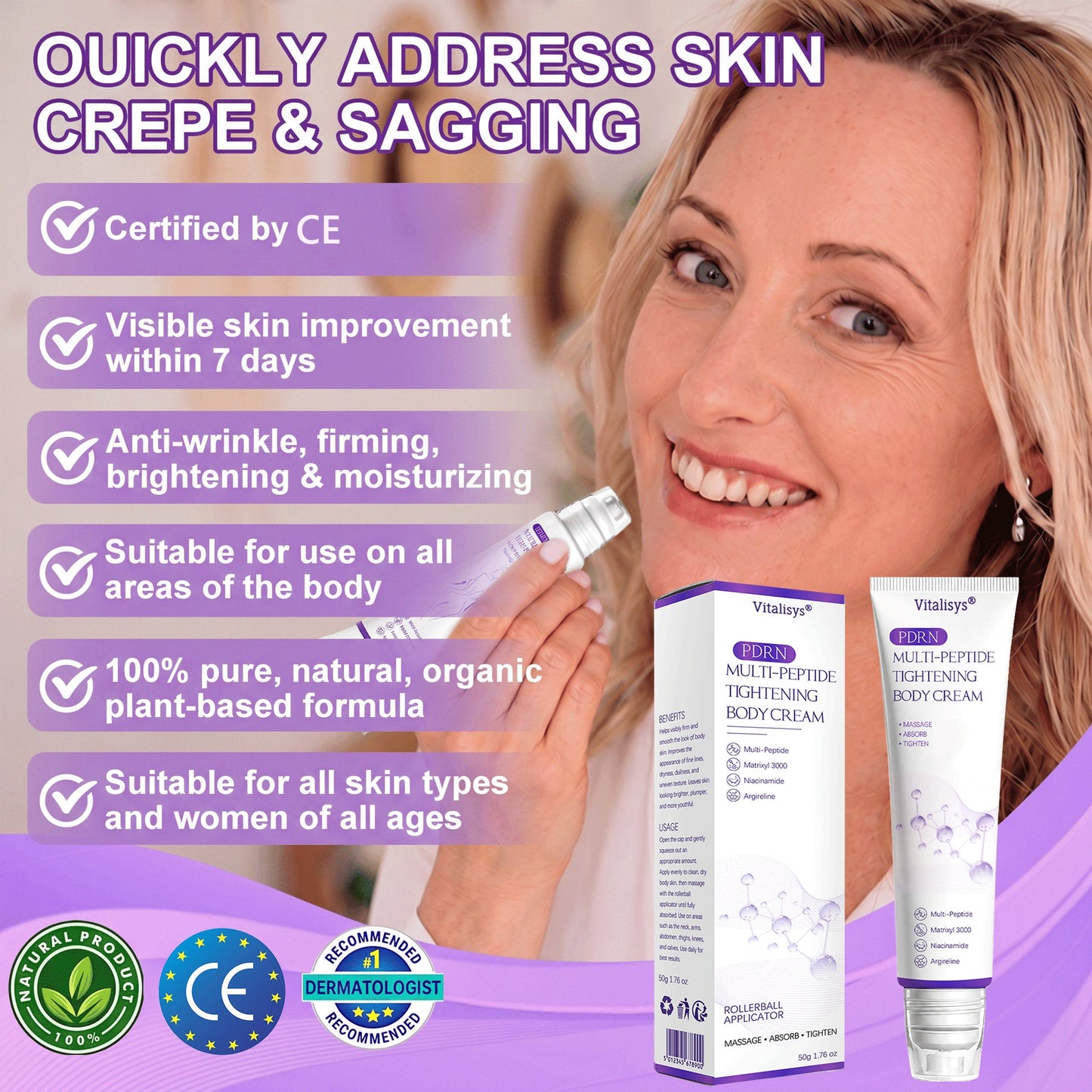 Vitalisys®🎉 PDRN Multi-Peptide Massaging Body Roller Cream- Anti-aging, Hydrating, Skin Firming & Lifting, Skin Repair, Even Tone, Acne and Dark Spot Treatment, Wart and Mole Removal, and Psoriasis Relief.