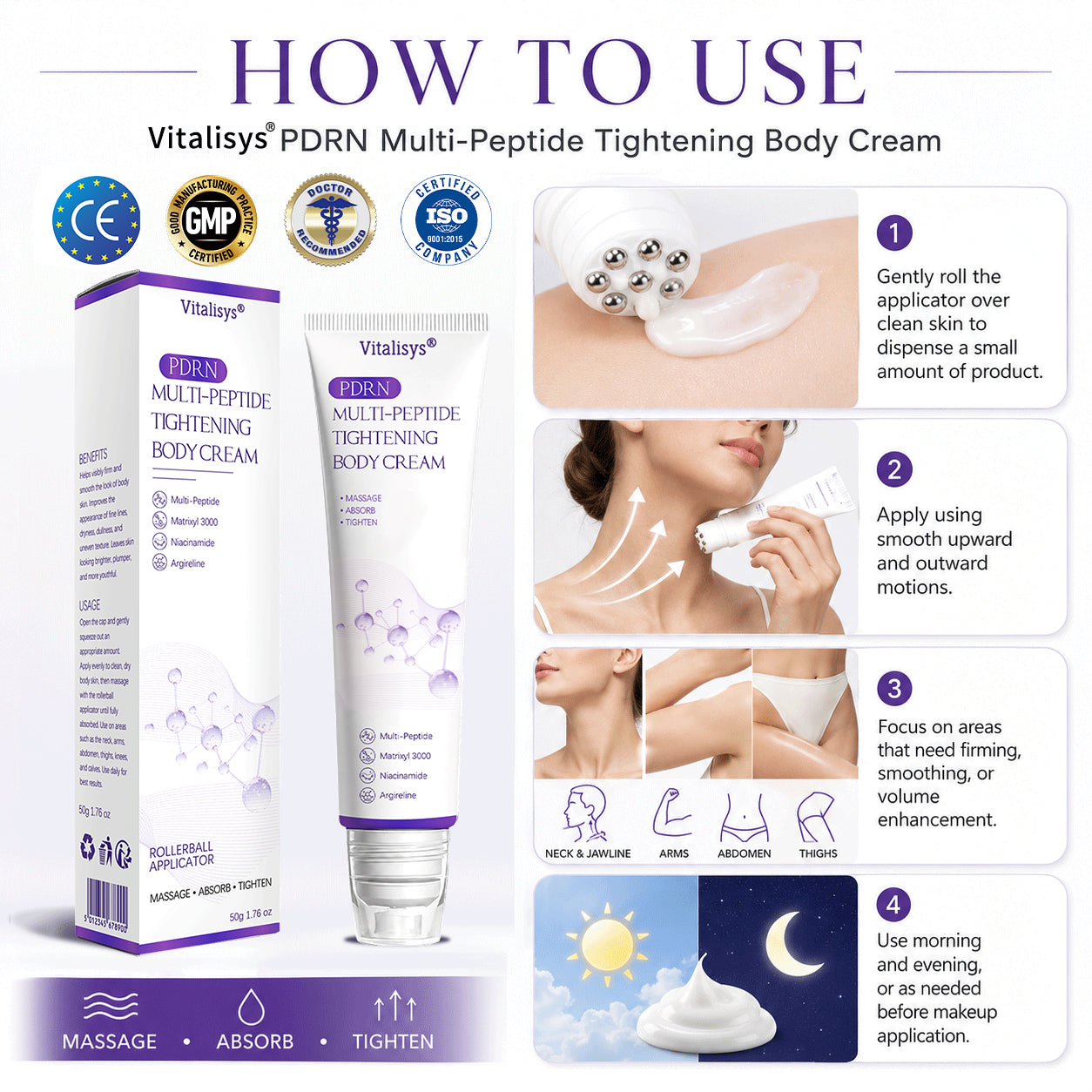 Vitalisys®🎉 PDRN Multi-Peptide Massaging Body Roller Cream- Anti-aging, Hydrating, Skin Firming & Lifting, Skin Repair, Even Tone, Acne and Dark Spot Treatment, Wart and Mole Removal, and Psoriasis Relief.