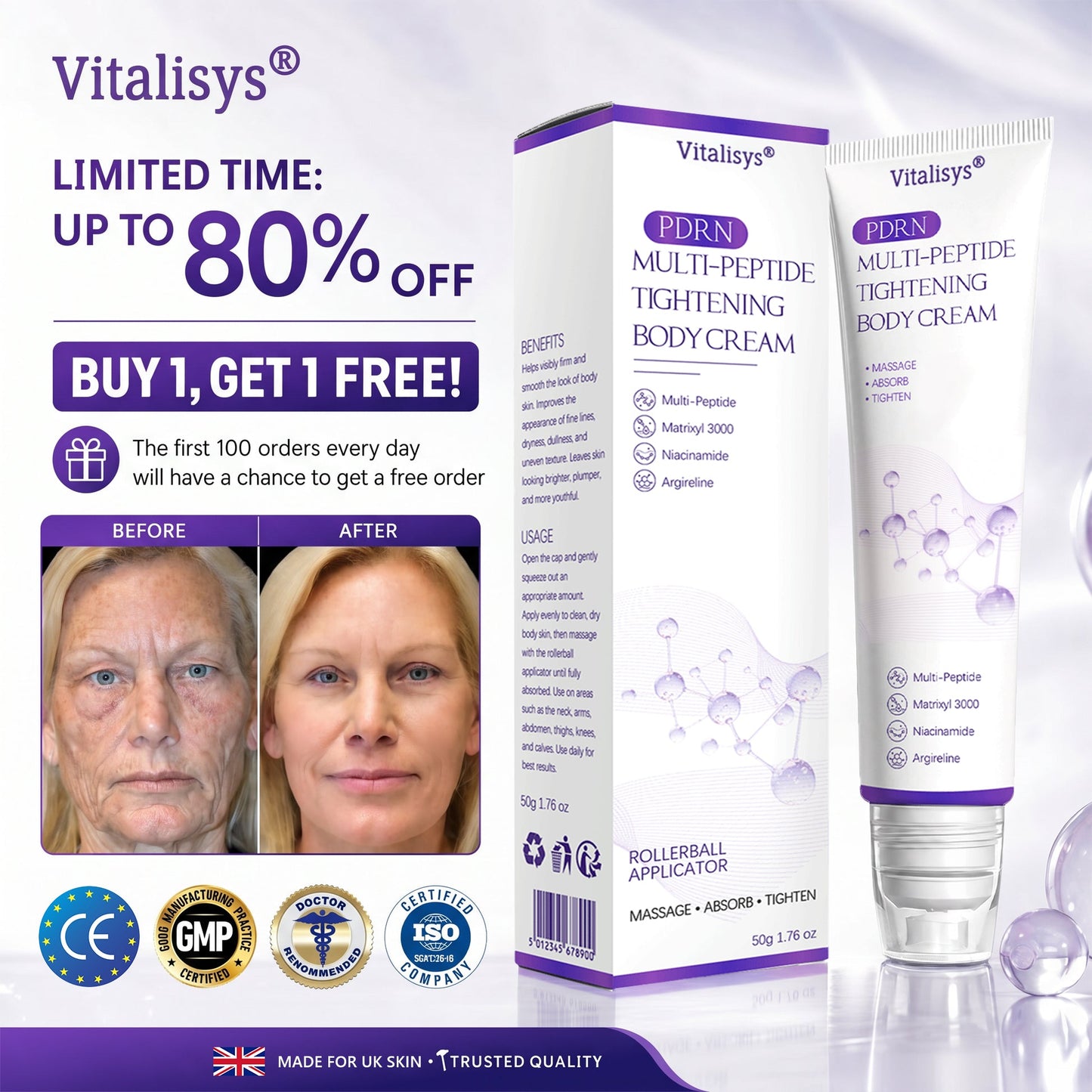 Vitalisys®🎉 PDRN Multi-Peptide Massaging Body Roller Cream- Anti-aging, Hydrating, Skin Firming & Lifting, Skin Repair, Even Tone, Acne and Dark Spot Treatment, Wart and Mole Removal, and Psoriasis Relief.